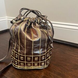 1980s Vintage  Metallic Leather Drawstring Bucket Bag with Crystal Gem Detail